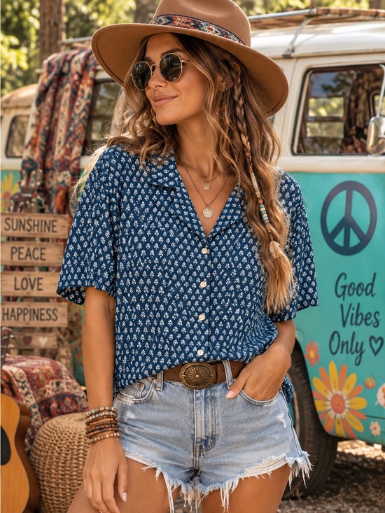 Haute Hippie Tops - Haute Hippie Silk Blue Floral Button Front Blouse Size Medium Boho